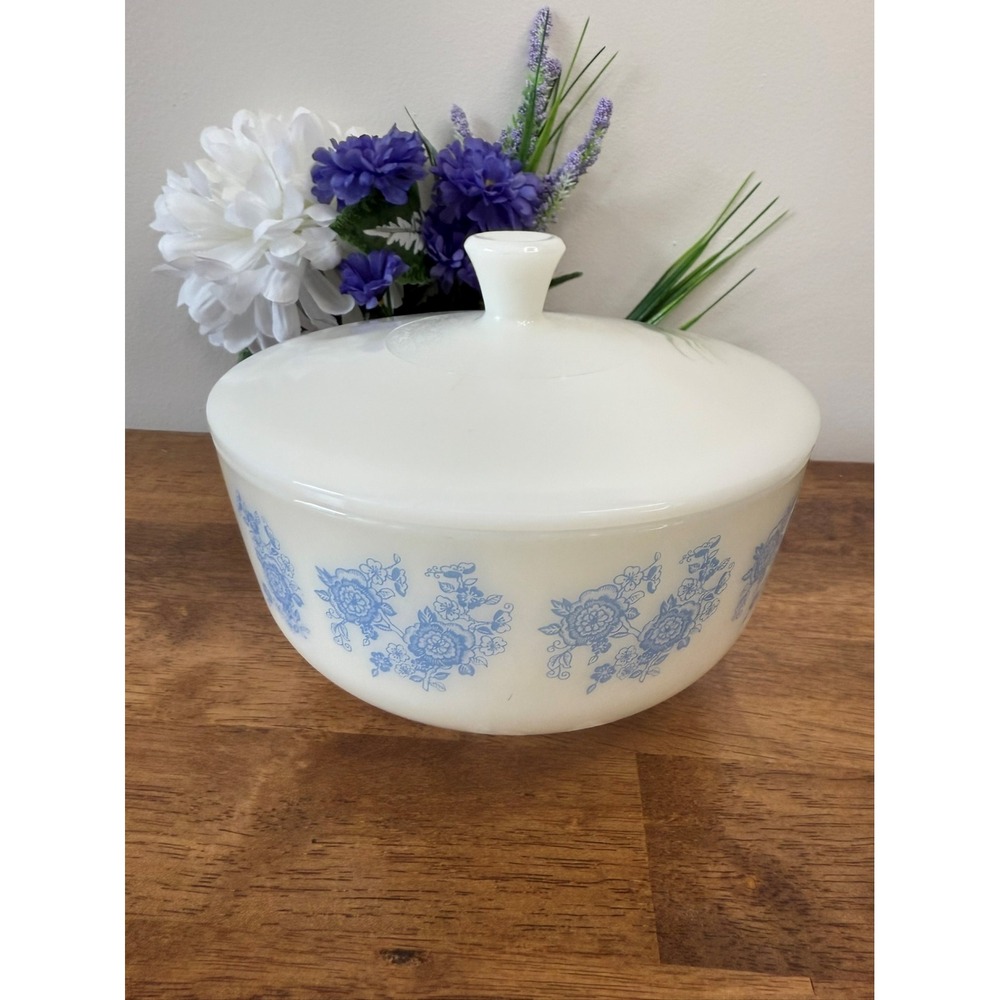 Federal Glass Blue Floral Milk Glass Bowl Vintage Lidded Mixing Serving Dish